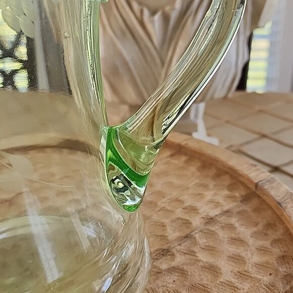 Vintage Vaseline Glass Pitcher Uranium Etched Glass Floral - Picture 4 of 13